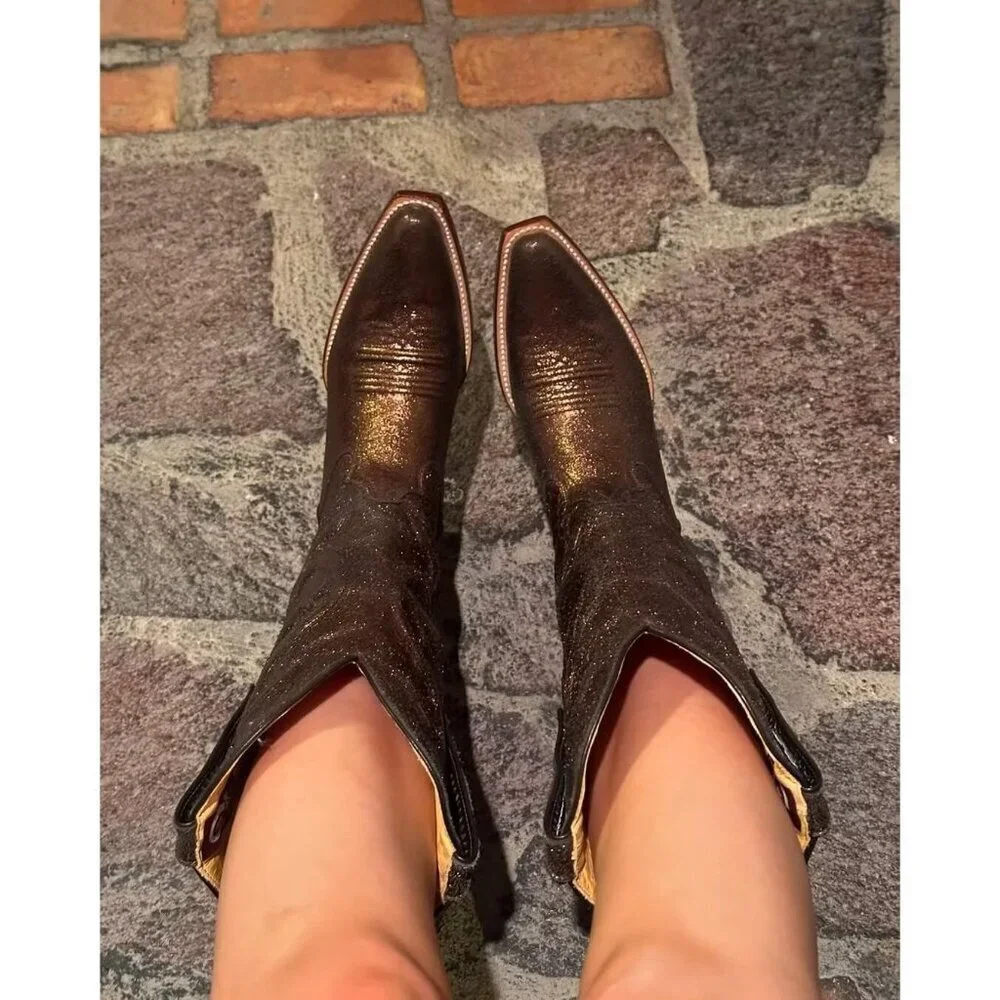 Women's Metallic Brown Mid Calf l Pointed Toe Chunky Heel Fashion Cowboy Boots